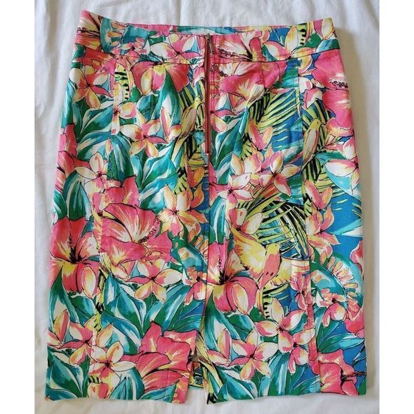 Ann Taylor Loft SZ 6 Pink Hawaii Theme Floral Pencil Skirt Colorful - Picture 2 of 6